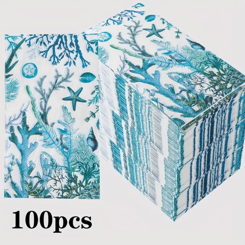 Blue and White Ocean-Themed Guest Towel 2-ply Paper Napkins, 100 Pcs
